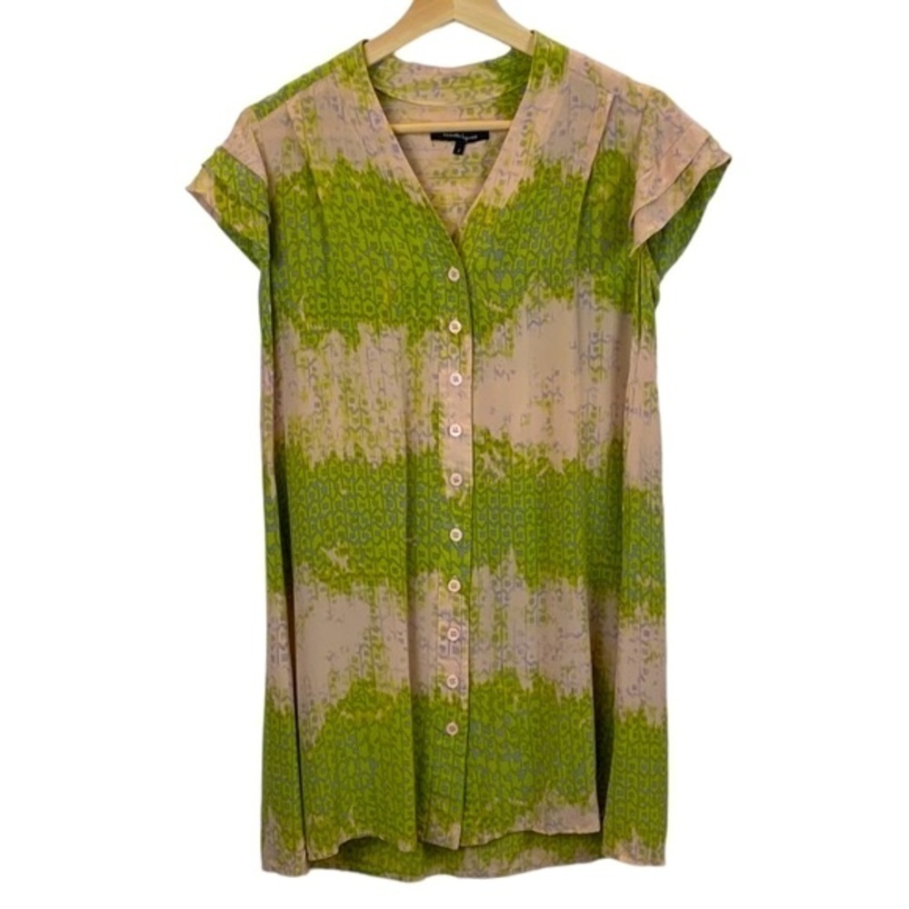 Nanette Lepore sz 2 100% Silk Ruffle Sleeve Button Front Mini Shirtdress
